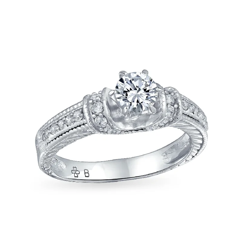 Simple Wedding Rings for Women-Vintage Art Deco 1CT Round Solitaire CZ Engagement Ring with Filigree Details