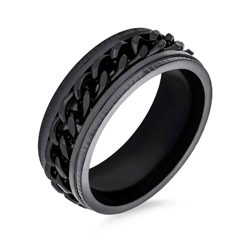 Statement Rings for Women-Black Rope Chain Mens Stainless Steel Biker Spinner Fidget Ring for Anxiety Relief