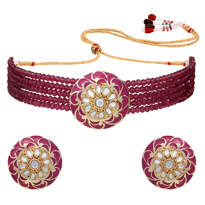 Simple Chain with Pendant Necklaces-Mahi Incredible Gold Plated Maroon Mee Work and Beads Choker Necklace Set for Women (NL1108103GMar)