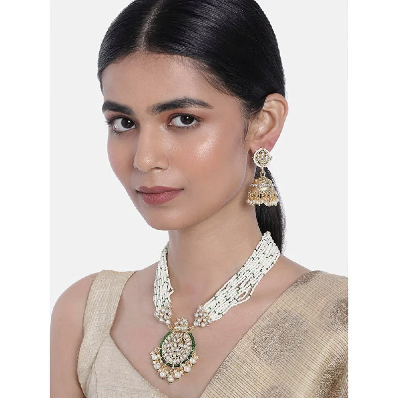 Minimalist Necklaces for Women-Etnico18k Gold Plated Traditional Multistrand Pearl Kundan Studded Necklace Jewellery Set For Women (ML307G)