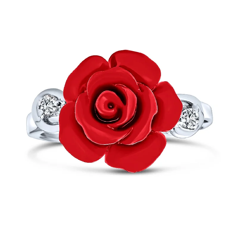 Rose Gold Promise Rings-CZ Accent Flower Fashion Red Rose Cocktail Statement Ring in .925 Sterling Silver