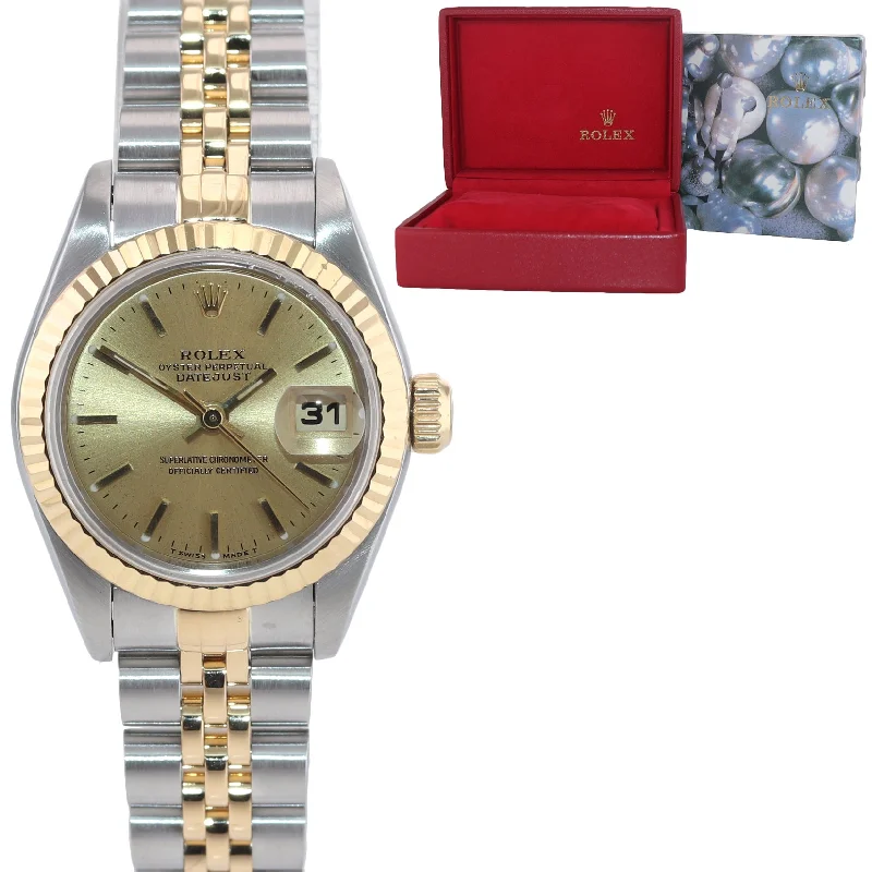 Elegant Dress Watches for Men-Ladies Rolex DateJust 26mm 69173 Two Tone Gold Steel Champagne Watch Box