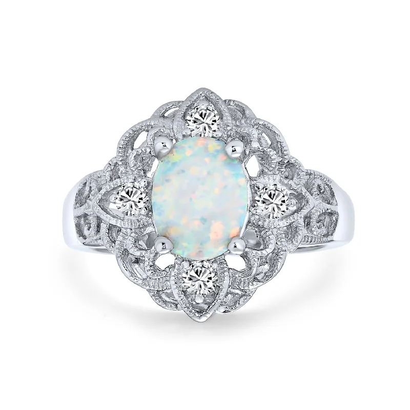 Bold Statement Rings-Vintage Style Silver Ring with Cubic Zirconia and Opal Filigree Design