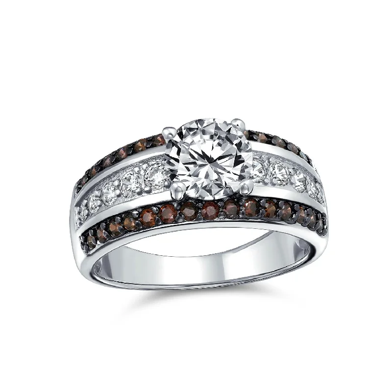 Personalized Infinity Rings-3ct AAA CZ Two Tone Chocolate Brown Solitaire Engagement Ring with Pave Band