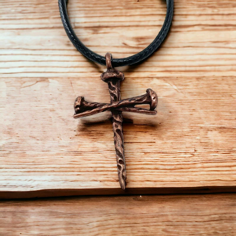 Fashionable Charm Necklaces-Rugged Antique Nail Cross Necklace Copper Finish