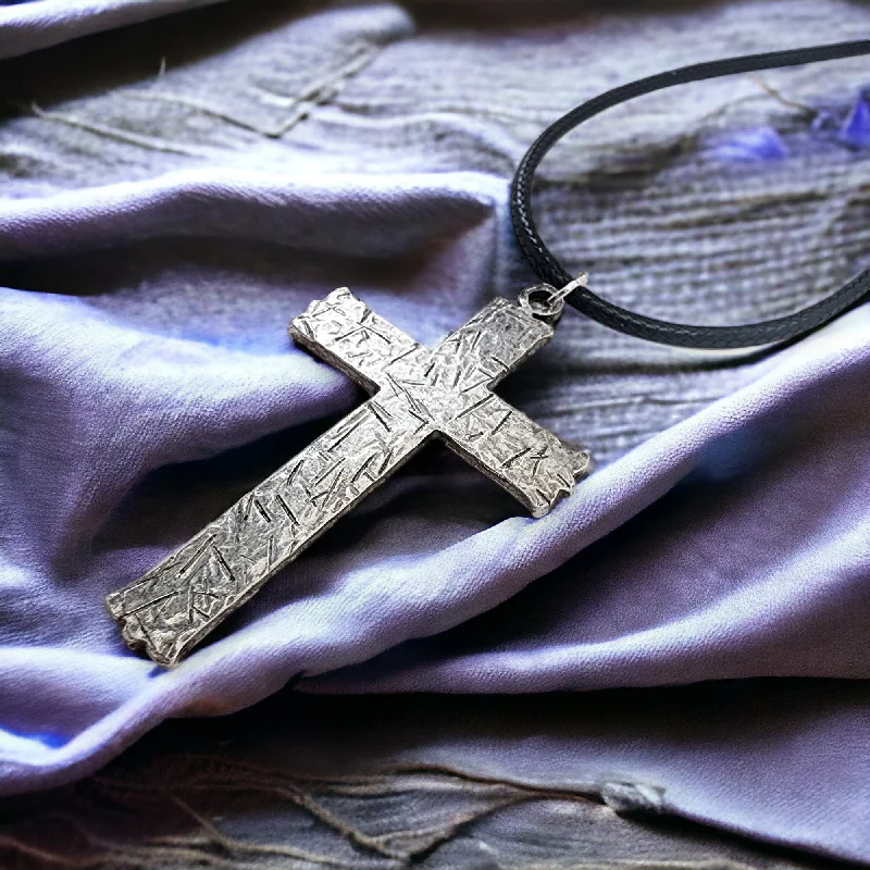 Vintage Style Choker Necklaces-Hammered Cross Antique Silver Metal Finish Black Cord Necklace