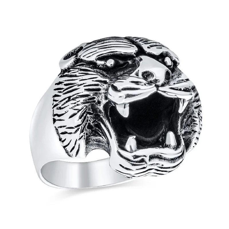 Classic Engagement Rings for Women-Hunter Norse Viking Mens Silver Ring: Fierce Bear Head Oxidized .925 Sterling