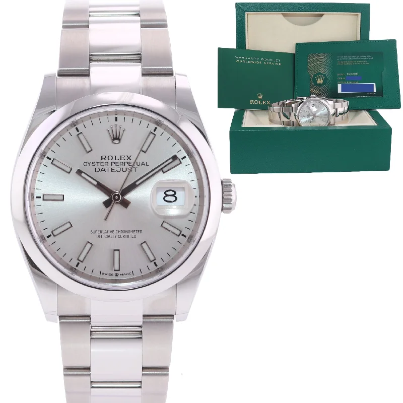 Elegant Watches with Gemstone Detailing-2021 PAPERS Rolex DateJust Silver Stick 36mm 126200 Steel Oyster Watch Box