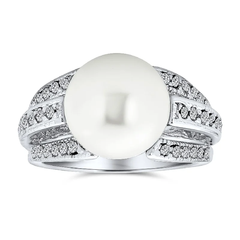 Personalized Name Rings for Men-Bridal Cocktail Statement Ring with CZ Solitaire and Simulated Pearl Silver Plated