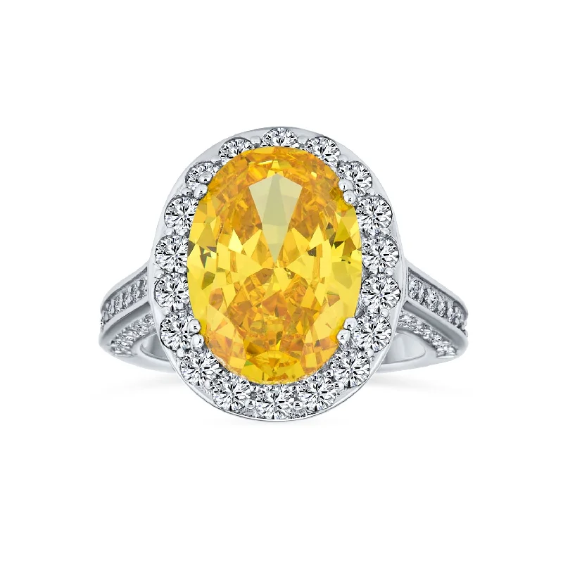 Wedding Rings with Colored Stones-6CT Canary Yellow Oval Halo AAA CZ 925 Silver Engagement Ring with Pave Band