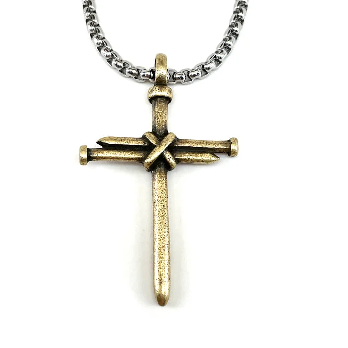 Vintage Style Choker Necklaces-Nail Cross Antique Brass Finish Heavy Chain Necklace