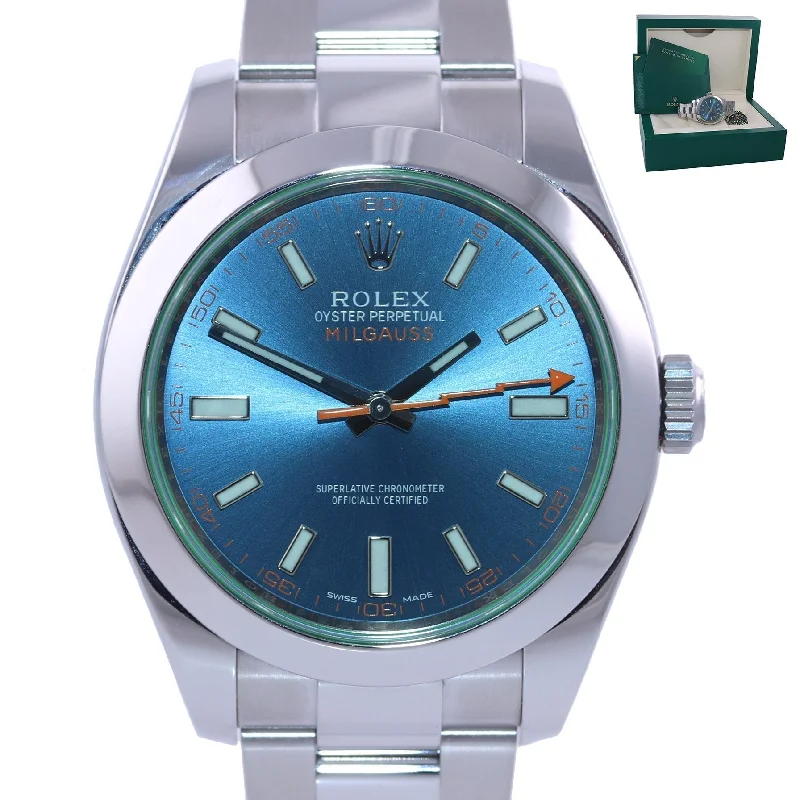 Digital Watch with Calendar-2021 Rolex Milgauss Blue Anniversary Green 116400GV Steel 40mm Watch Box