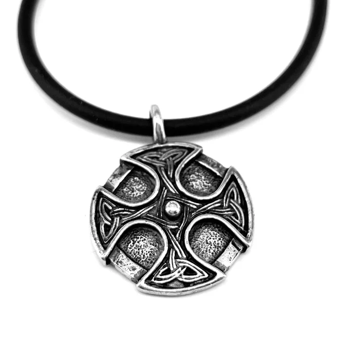 Fashionable Statement Necklaces-Celtic Cross Trinity Shield Pendant Black Rubber Necklace