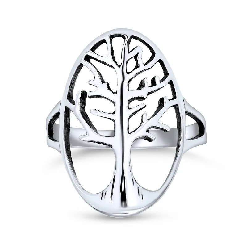 Simple Promise Rings-Silver Ring: Open Oval Family Tree of Life Statement for Wife Sterling