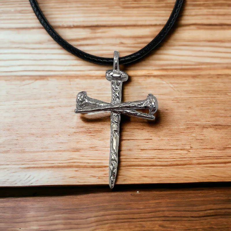 Simple Chain with Pendant Necklaces-Rugged Antique Nail Cross Necklace Rhodium