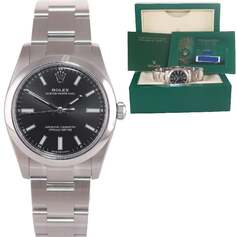 Affordable Leather Watches-2021 PAPERS Rolex Oyster Perpetual 34mm Black Stick Oyster Watch 124200 Box