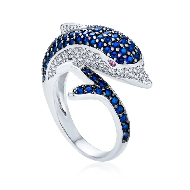 Stylish Gemstone Rings-Nautical Cocktail Statement Ring with Navy Blue CZ and Dolphin Design