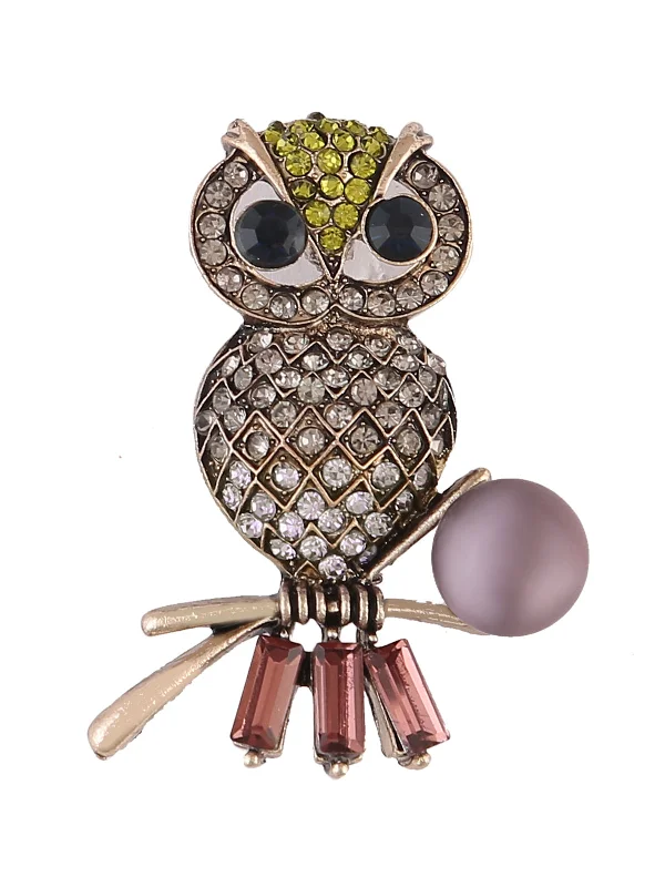 Classic Brooch with Diamond Detail-Classic Brooch with Diamond Detail-Multicoloured Diamond Owl Bird Brooch Pin