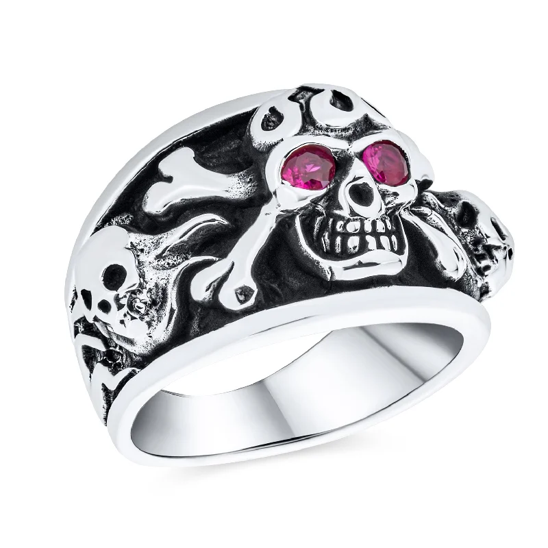 Personalized Name Rings for Men-Mens Stainless Steel Punk Rocker Biker Ring with Simulated Red Ruby CZ Eyes