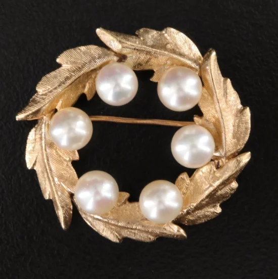 Artistic Crystal Brooch for Women-Artistic Crystal Brooch for Women-Estate Collection Brooch - 14K Pearl Wreath Brooch