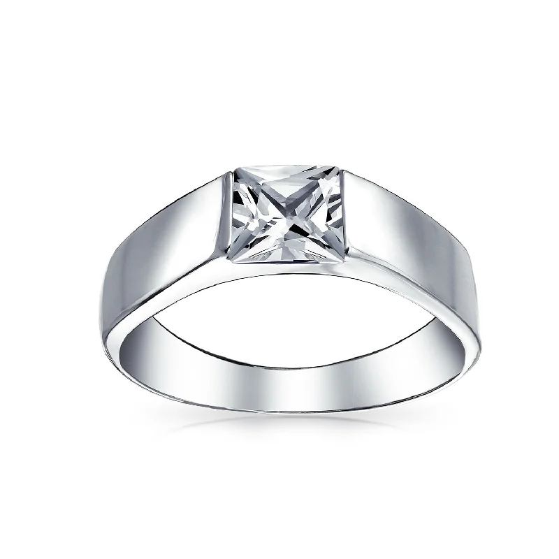 Titanium Wedding Rings-Unisex Modern AAA CZ Princess Cut Engagement Ring in Sterling Silver Band