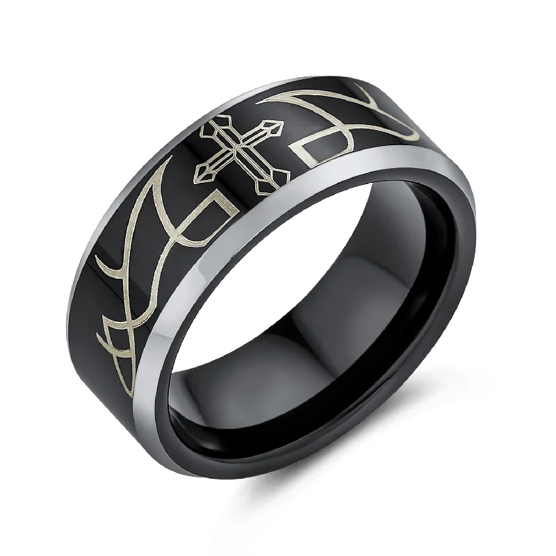 Silver Promise Rings-Laser Etched Tungsten Wedding Band Ring with Catholic Cross Design for Men Comfort Fit