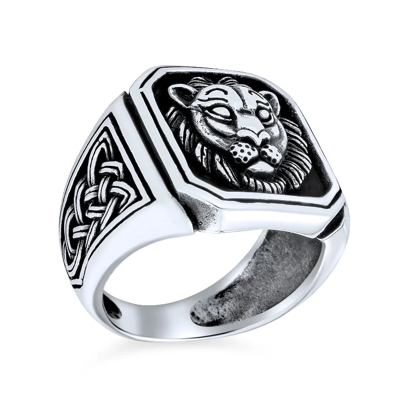 Unique Stackable Rings-Mens Silver Ring Vintage Lion Signet Celtic Knot Oxidized .925 Sterling Silver