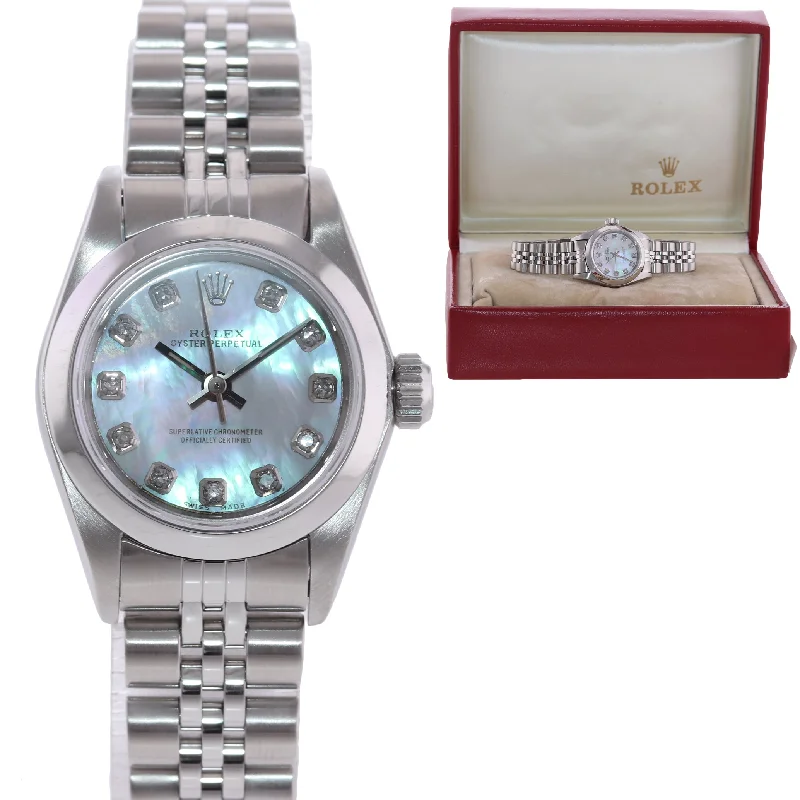 Personalized Fitness Watches-Ladies Rolex Oyster Perpetual 67230 MOP Diamond Steel Jubilee Watch Box