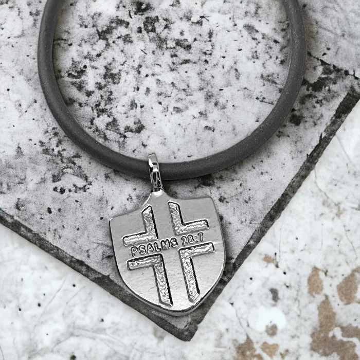 Trendy Necklaces for Teens-Psalms 28:7 Shield Dark Metal Pendant Black Cord Necklace