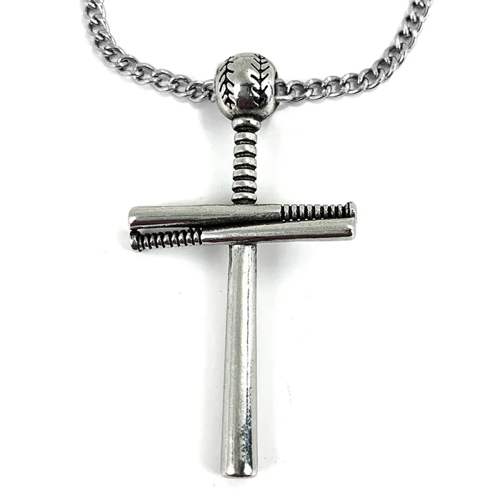 Chunky Statement Necklaces-Baseball Bat And Ball Cross On Chain Necklace Pewter I Can Do All Things