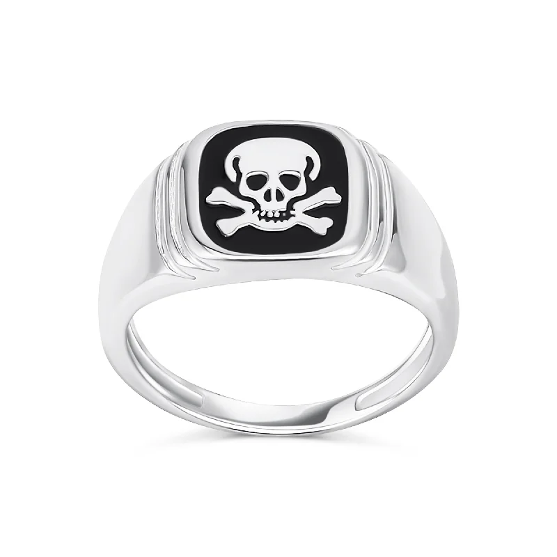 Birthstone Rings for Couples-Mens Silver Ring with Black Onyx Gemstone and Skull Crossbones Design .925 Sterling Silver