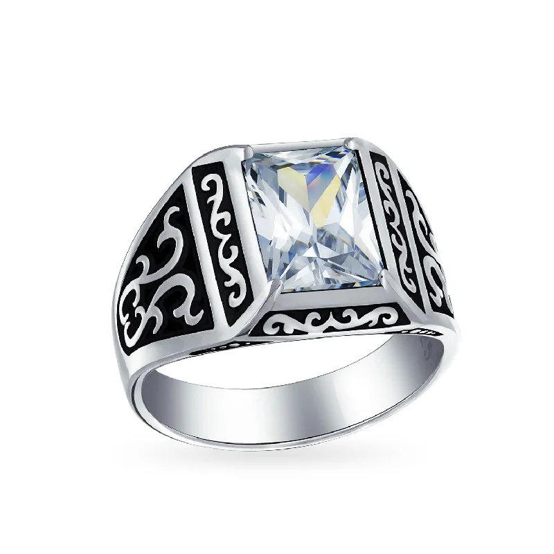 Custom Oval Diamond Rings-Mens Stainless Steel Viking Scroll Ring with Emerald Cut Cubic Zirconia Two Tone Silver