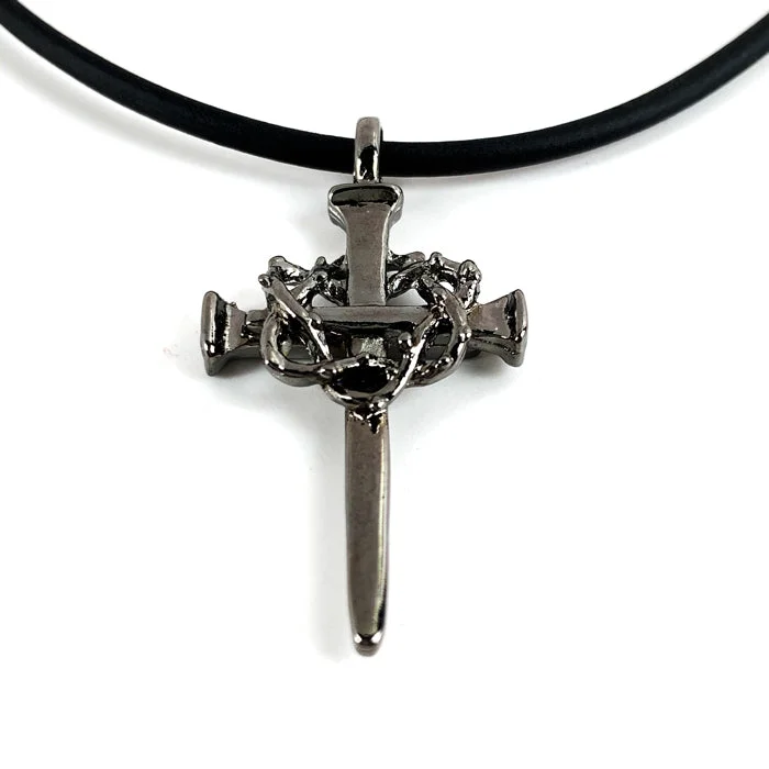 Luxury Necklaces with Diamonds-Crown Of Thorns Nail Cross Necklace Gunmetal Finish