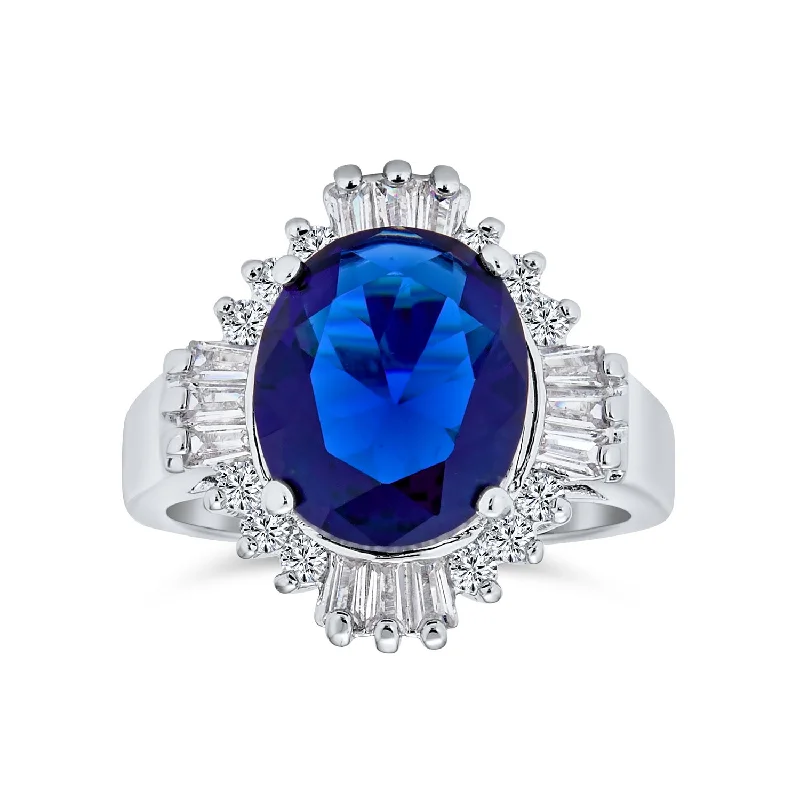 Simple Silver Wedding Bands-Art Deco Royal Blue Cocktail Statement Ring with CZ Simulated Sapphire