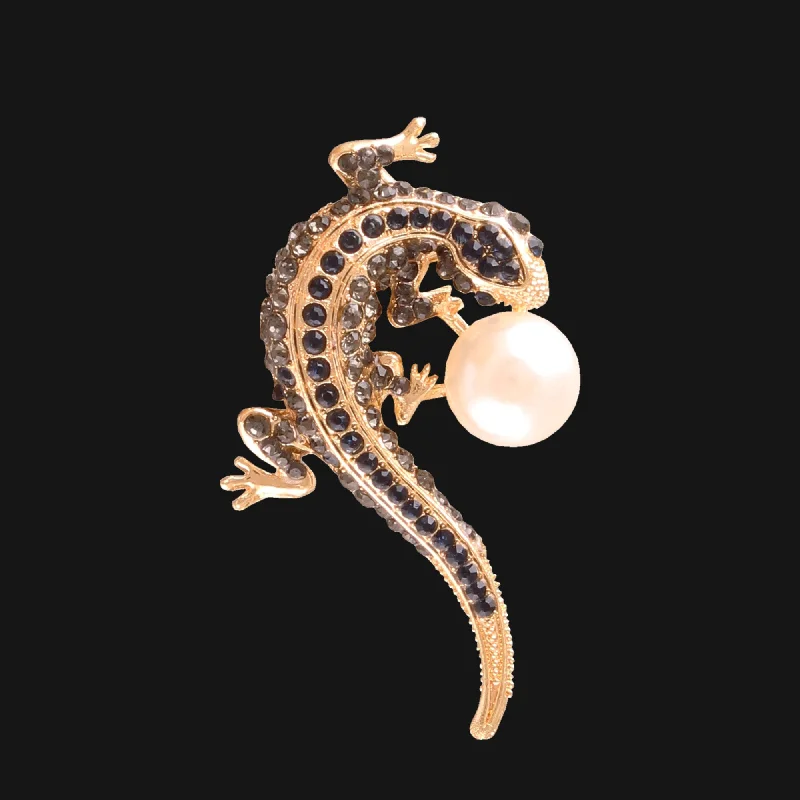 Elegant Art Nouveau Brooch-Elegant Art Nouveau Brooch-Lizard Design Diamond And Pearl Insect Brooch Pin