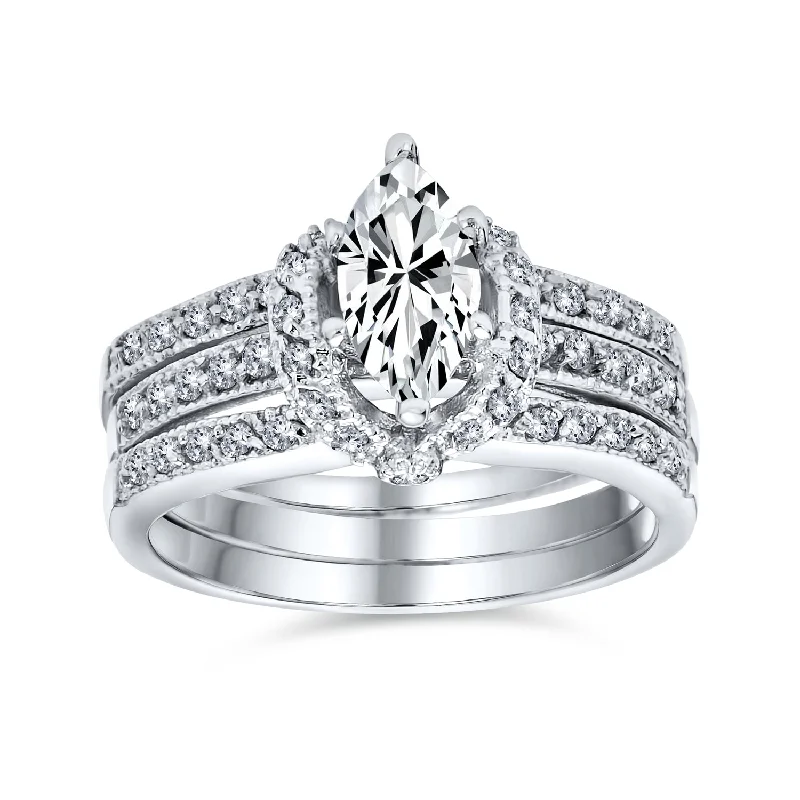 Stackable Engagement Rings-2CT CZ Cocktail Statement Ring: Halo Solitaire Marquise Baguette Band in Sterling Silver